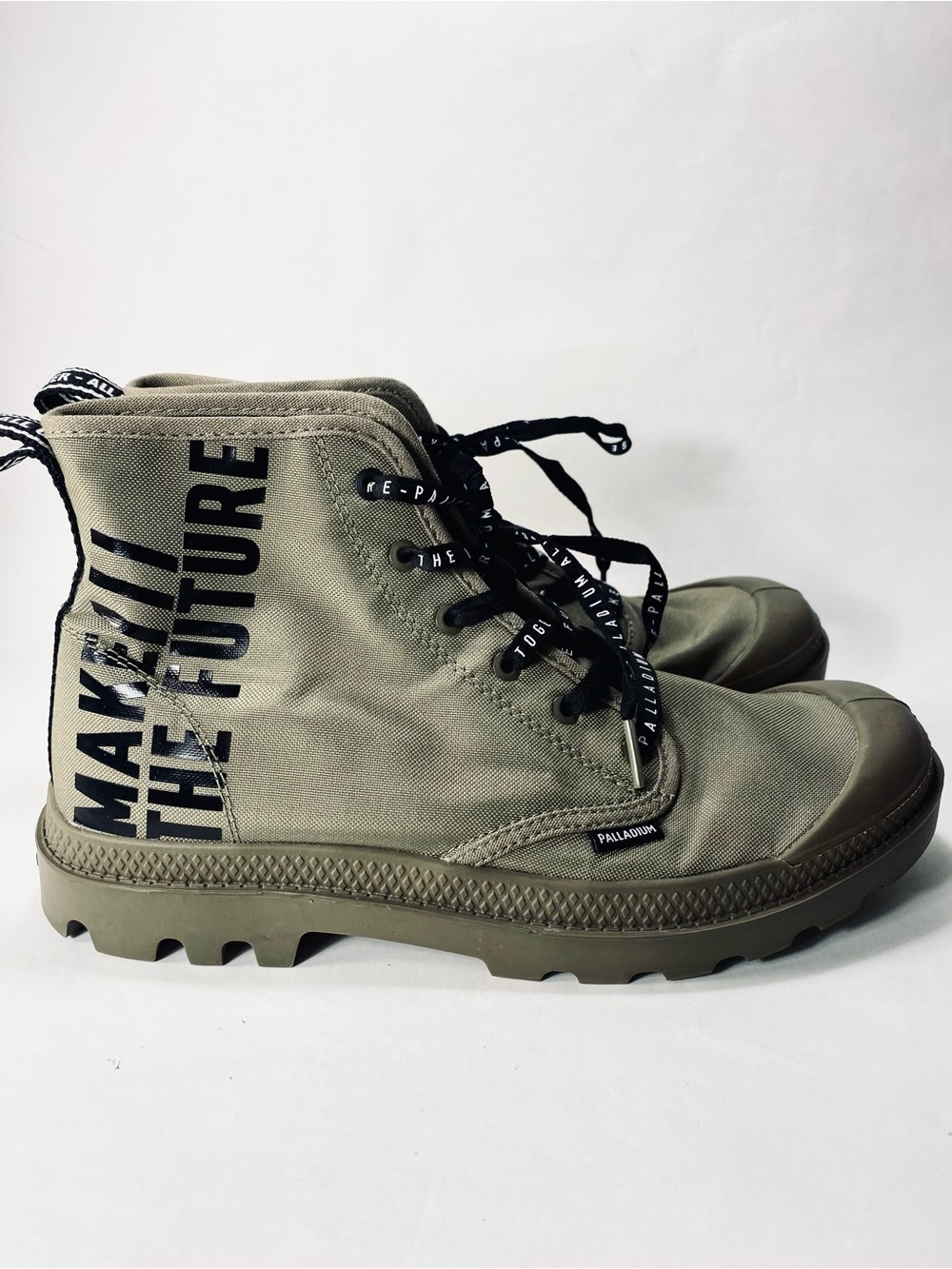 Palladium Canvas Olive Lace Boots "MAKE THE FUTURE" Unisex (M 7.5, W 9)